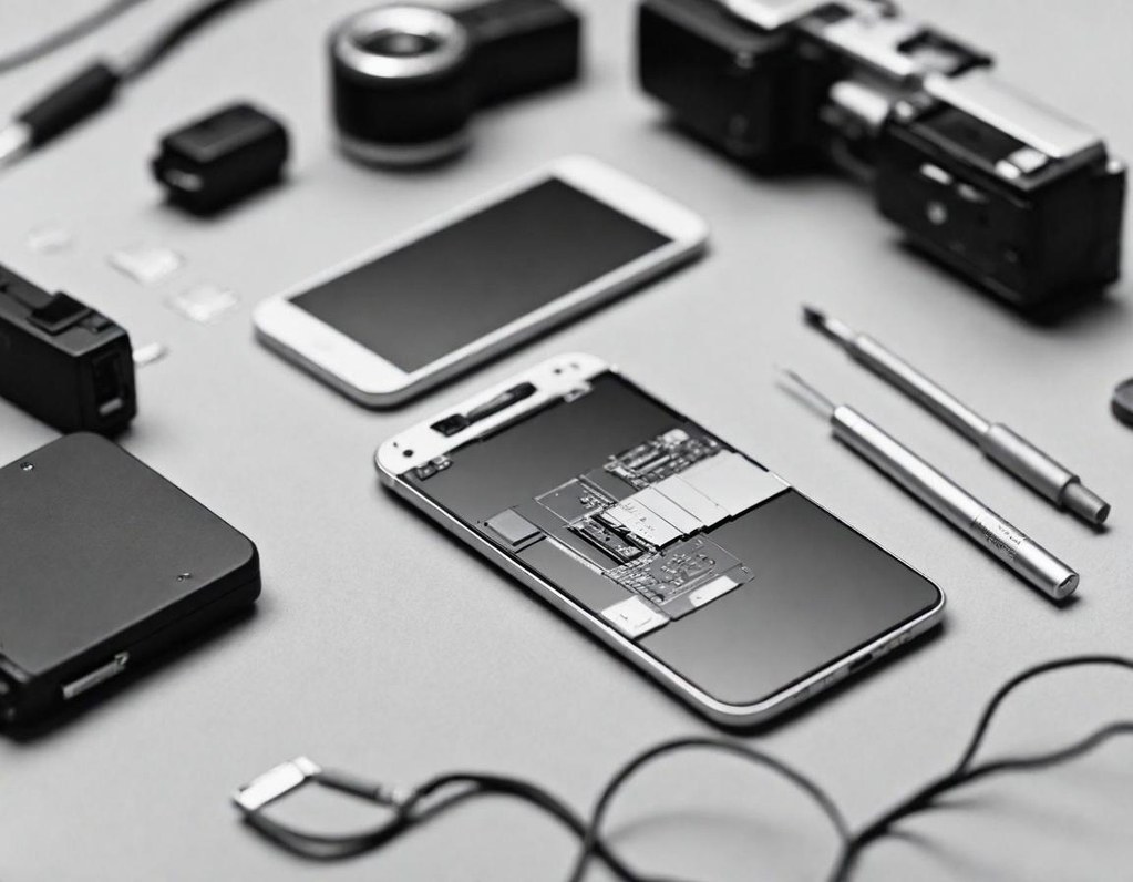 Smartphone und Reparaturwerkzeuge auf einer Arbeitsfläche