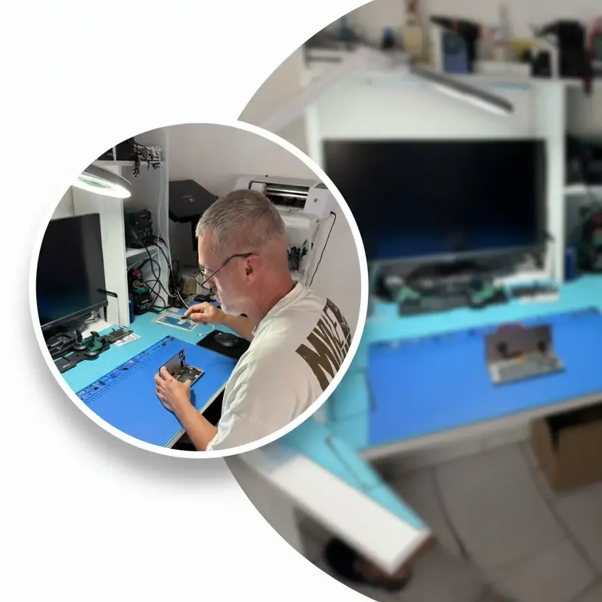 Professionelle Tablet-Reparatur - Daniel mit 17+ Jahren Erfahrung Daniel - Handyreparateur bei Handy-ReparaturService24 repariert Tablet-Display mit Präzisionswerkzeugen