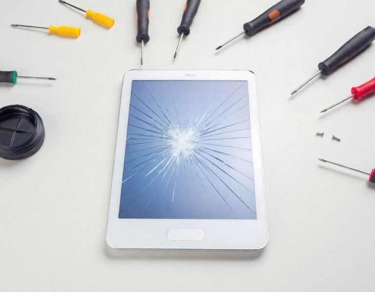 Fachgerechte Tablet-Reparatur für iPad und Android-Tablets in Dachau iPad mit Displayschaden umgeben von Präzisions-Reparaturwerkzeugen