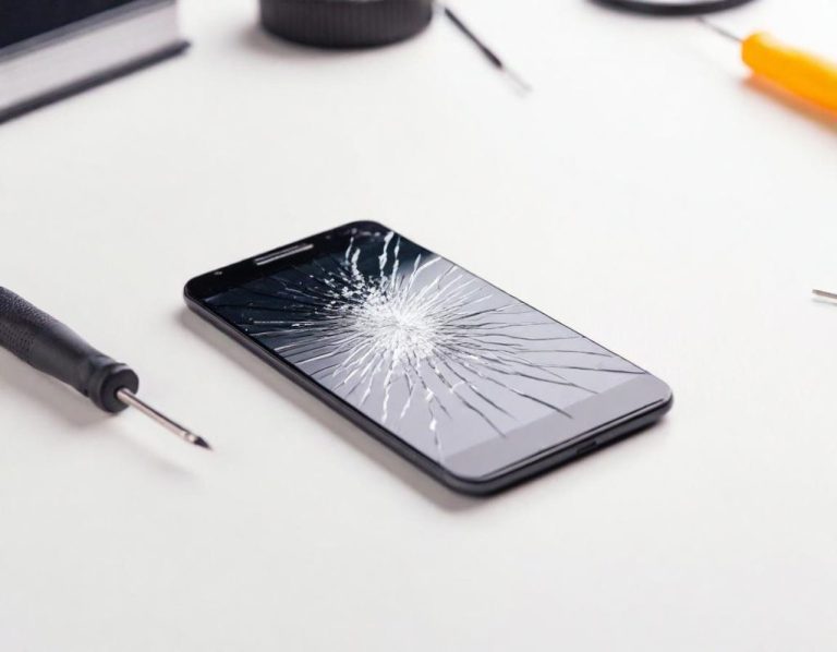 Professionelle Smartphone-Reparatur für iPhone, Samsung und alle Marken in Dachau iPhone mit gebrochenem Display neben Reparaturwerkzeugen und Schraubendreher